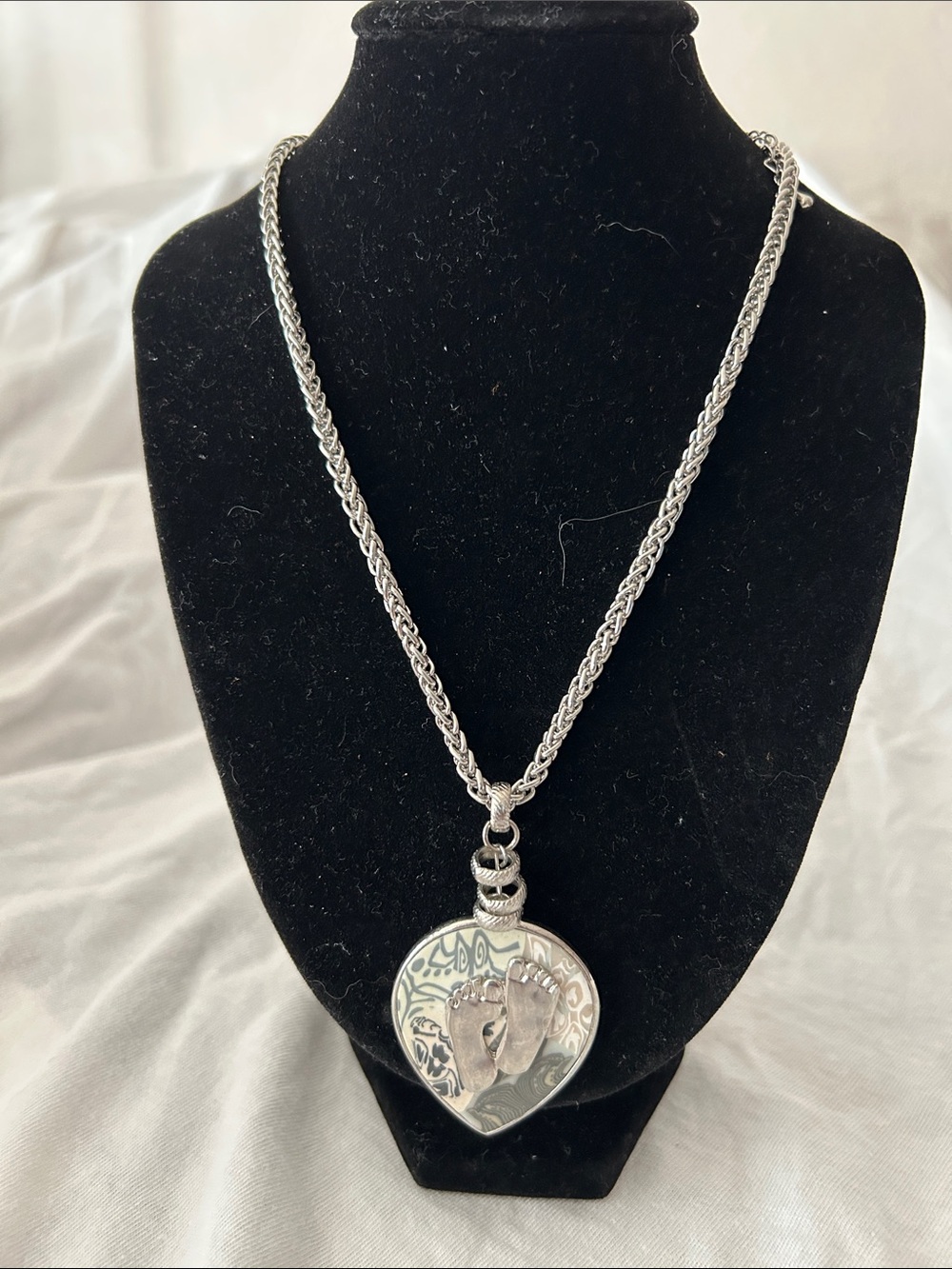 Silver Pendant Necklace with Baby Footprint Accent - Women's Jewelry